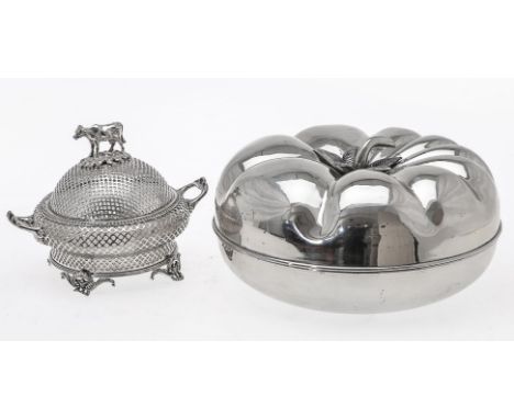 A Victorian electro-plated butter dish and cover, unmarked, circa 1850, with a cow finial to the pierced domed cover, the inv