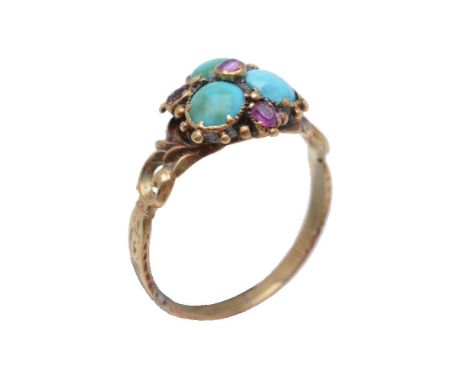 An 1830s turquoise and ruby ring, set with a trio of circular cabochon turquoise, accented with three rubies and a garnet, be