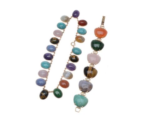 A multi gem set necklace, the necklace set with oval cabochon amethysts, rose quartz, jasper, amazonite, tiger's eye quartz, 