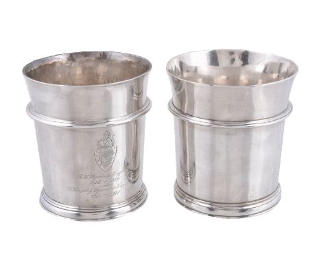 Two matching beakers, the first unmarked, the second silver by Edward Barnard &amp; Sons, London 1930, engraved for Wagland, 