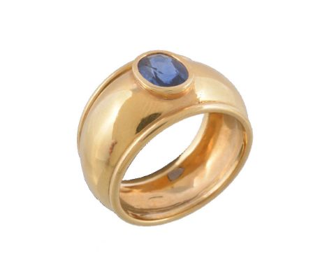 A sapphire ring, the polished band set with an oval cut sapphire, estimated to weigh 1.39 carats, stamped 750, finger size M,