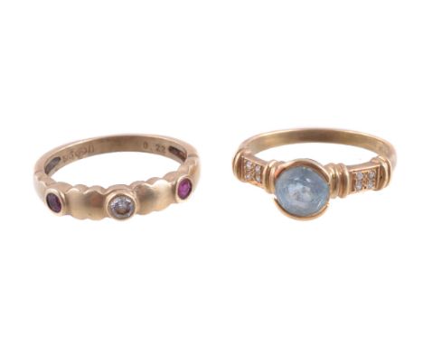 A ruby and diamond ring, set with a brilliant cut diamond and two circular cut rubies, stamped 585, finger size N; and an aqu