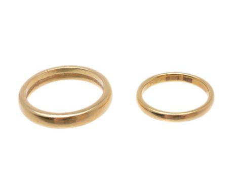 A 22 carat gold band ring, with faint inscription inside, finger size K; and a further band ring, finger size S 1/2; 11.9g gr