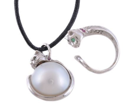 A South Sea cultured pearl, diamond, ruby and emerald cat pendant, the South Sea pearl with a cat coiled round it with pavé s