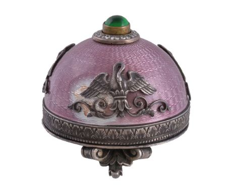 A Continental silver coloured gilt, enamel and gem set bell push, bearing pseudo Russian hallmarks including that of Fabergé,