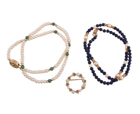 A cultured pearl and aventurine quartz necklace, 41.5cm long; a lapis lazuli and cultured pearl necklace, stamped 375, 40cm l