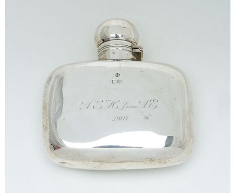 A late Victorian silver rounded rectangular small spirit flask by George Unite &amp; Sons, Birmingham 1893, with a bayonet fi