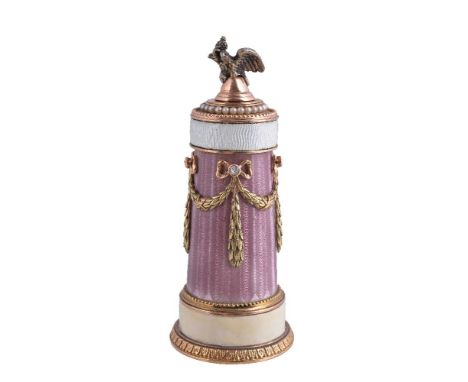 A Continental gold coloured, enamel and gem set scent bottle, bearing pseudo Russian hallmarks including that of Fabergé, sec