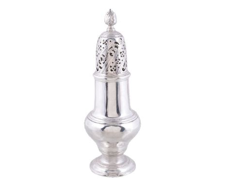 A late George II silver ogee baluster sugar caster by Samuel Wood, London 1757, with a bud finial to the pierced domed cover,