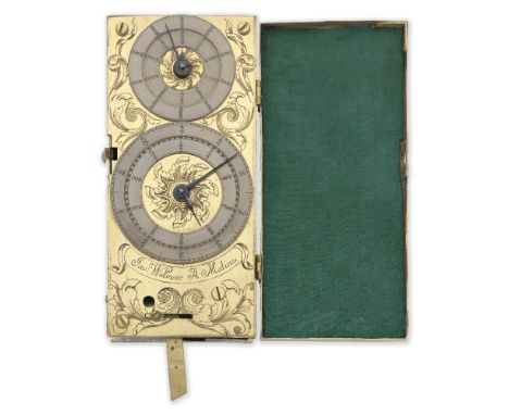 A Jacob Willmore gilt brass carriage pedometer, Belgian, circa 1710,signed Jac Willmore A Malines, the rectangular case with 