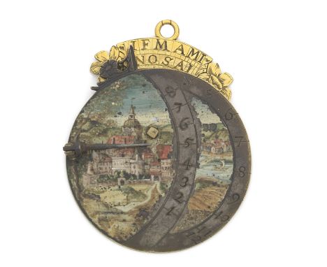 A gilt and silvered brass altitude sun dial, probably Italian, mid-17th century,the disc-shaped dial with two curved hour sca