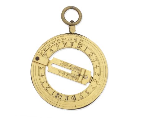 A small gilt brass universal equinoctial ring dial, Continental,  circa 1700,with double 1-12, 1-12 hour scales, outer ring w