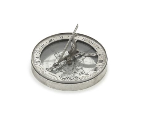 A James Simons silvered brass portable sundial and perpetual calendar, English, circa 1780,signed J Simons London, circular s