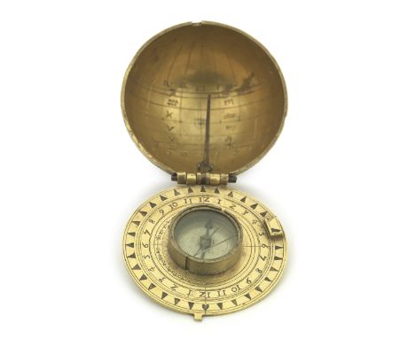 A hemispherical gilt brass scaphe dial, German, circa 1600,the hemispherical dial with spring loaded dial and marked with sev
