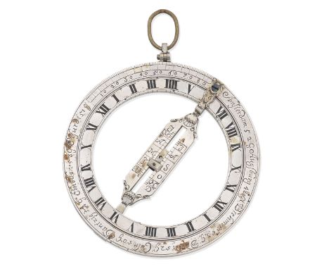 A silver universal equinoctial ring dial, German, circa 1700,with double 1-XII hour scale, bridge gnomon with calendar and zo
