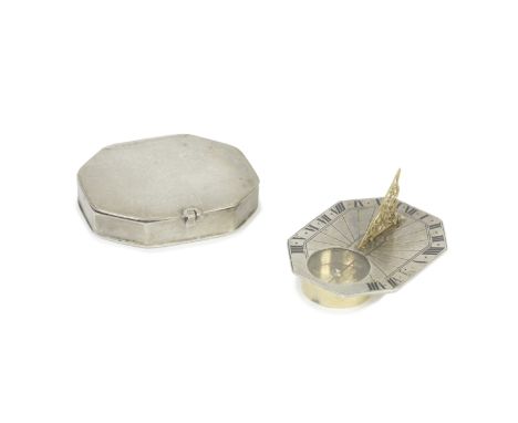 A Jean Nourry silver and gilt brass miniature octagonal sundial, French, dated 1674,signed Nourry A Lion, 1674, the octagonal