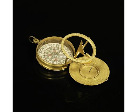 A Rare Charles Whitwell Gilt Brass Astronomical Compendium, English, dated 1608,signed C Whitwell, the circular compendium wi