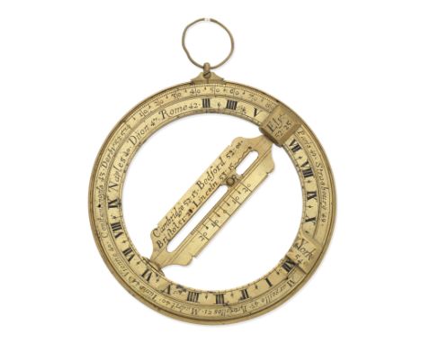 A brass universal equinoctial ring dial,  English,  mid-18th century,pip-hole gnomon sliding over calendar scale, chapter rin