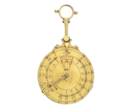 A rare gilt brass combined altitude disc sundial and perpetual calendar, German, mid-17th century,constructed from five plate
