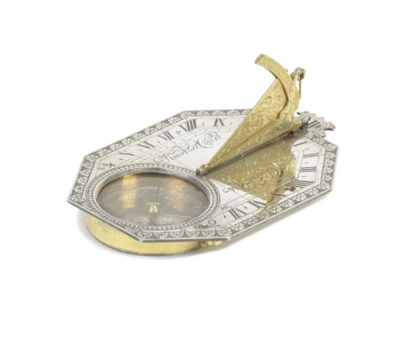 A fine Timothee Collet silver and gilt brass portable sundial, French, dated 1663,signed Timothee Collet A Paris, 1663, the o