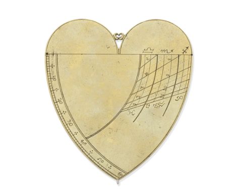 An unusual heart-shaped brass vertical altitude dial, early 17th century,engraved for latitude 52,  the obverse engraved for 