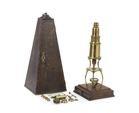 A Culpeper-type brass monocular microscope attributed to George Sterrop, English, mid-18th century,the unsigned brass draw tu