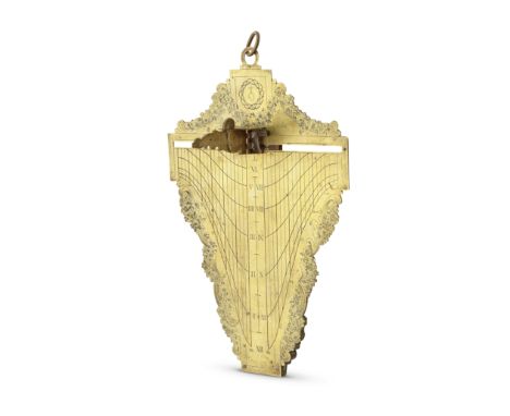 A gilt brass vertical plate dial, French, circa 1700,not signed, the plate of the instrument is composed of two triangles, th