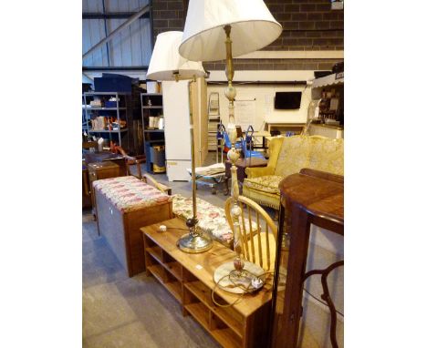 Mixed furniture, card tables, pine shelves, chairs and a lamp