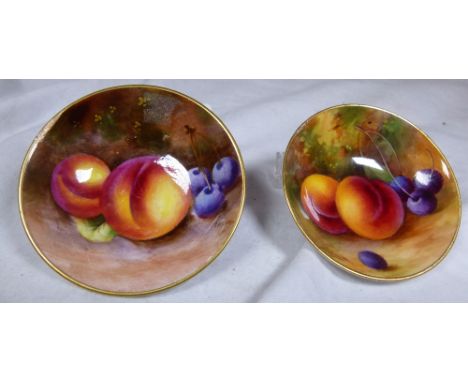 Pair of Royal Worcester pin bowls with peach design signed Schuer and Kinsey, Kinsey example is restored