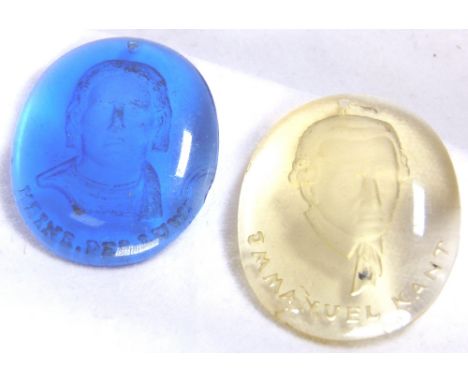 Two German Intaglio cut unmounted glass pendants, one blue and one green, L: 3 cm