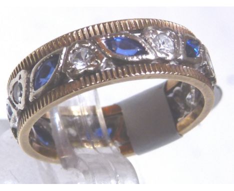 9 ct yellow and white gold blue and white stone vintage full eternity ring, Size L. 