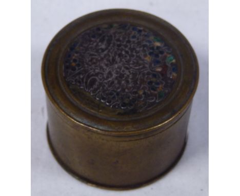 Brass and Silver enamel round pill box, signed to the base 