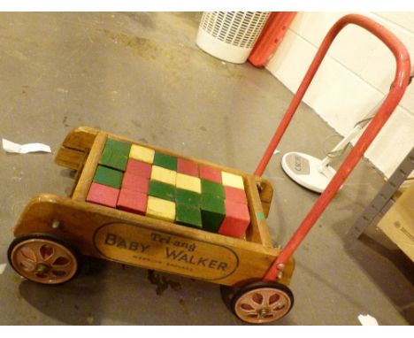 Vintage child Triang wooden baby walker with original building bricks