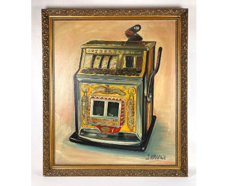 Framed J. Krivine painting of Watling "Treasury" slot machine. Oil on canvas. Dimensions (H x W x D): 106 x 92 x 7 cm. Condit