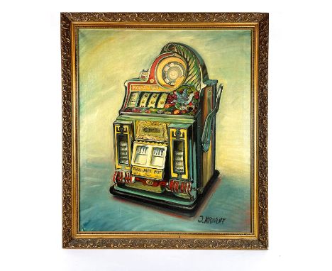 Framed J. Krivine painting of Watling "Rol-A-Top" slot machine. Oil on canvas. Dimensions (H x W x D): 107 x 91 x 8 cm. Condi