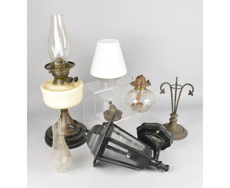 A Late 19th/Early 20th Century Oil Lamp with Opaque Glass Reservoir, Glass Shade, Chimney, Wall Light etc