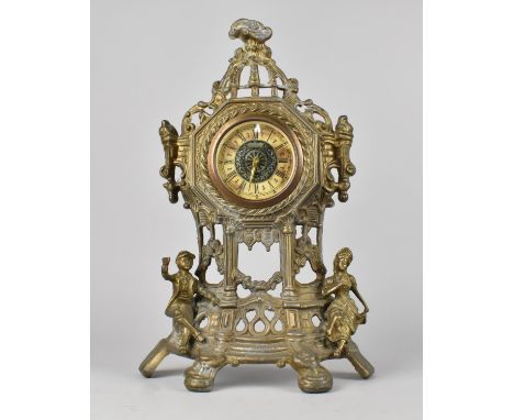 A Bronzed Spelter Continental Mantel Clock with Clockwork Movement, In Need of Attention, 36.5cms High