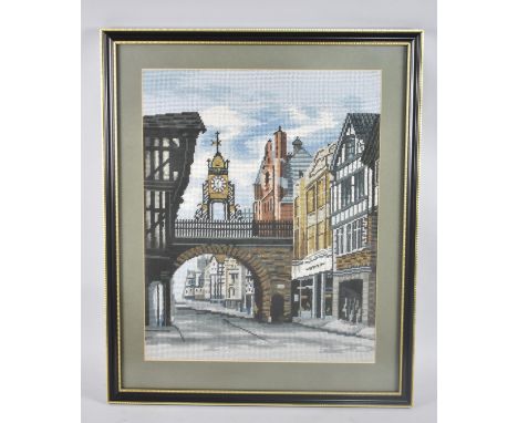 A Framed Tapestry of Chester by Marion Powell 1992, 40x51cms