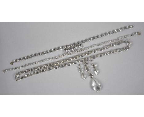 Three Vintage Glass Necklaces to include Two Riviere, One with Matching Earrings, and One Baton Link Example in a Faux Leathe
