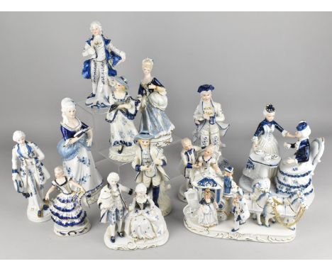 A Collection of Continental Ceramic Blue and White Figural Groups (One with Arm AF)