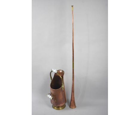 A Mid 20th Century Copper Coal Scuttle with Blue and White Ceramic Handles together with a Copper Coaching Horn