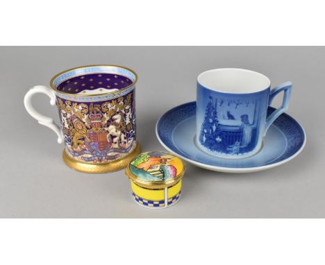 A Royal Copenhagen "Waiting for Christmas" Cup and Saucer, a QEII Decorated Tankard and a Royal Worcester Enamelled Box, "Cas