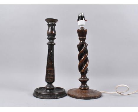 A Turned Wooden Candlestick and an Open Spiral Table Lamp Base, Condition Issues