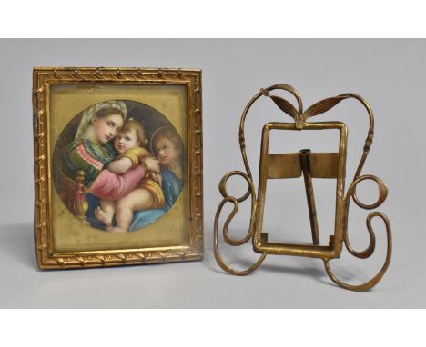 A Small Art Nouveau Brass Easel Back Photo Frame, 10x8.5cms, together with a Gilt Framed Religious Miniature, Mary and Jesus