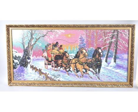 A Large Gilt Framed Tapestry of Stagecoach in the Snow, 108x49cms