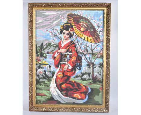 A Gilt Framed Tapestry of Oriental Lady with Parasol, 49x69cms