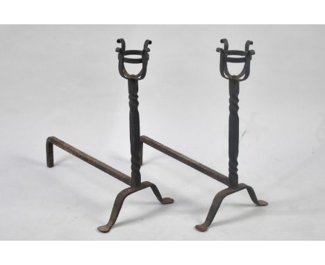A Pair of Vintage Wrought Iron Andirons, 46cms Long and 48cms High