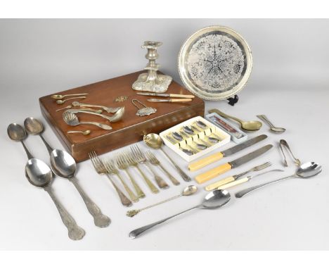 A Collection of Various Silver Plated to Comprise Flatware, Kings Pattern Serving Spoons, Candlestick, Whiskey, Teaspoons, Oa