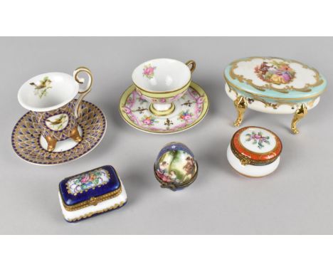 A Collection of Various Porcelain Miniatures to Comprise Limoges Trinket Boxes, Orchid Coffee Can and Saucer etc
