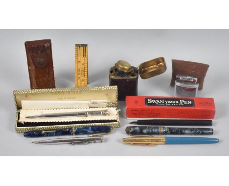 A Collection of Various Vintage Fountain Pens, Two with Gold Nibs together with a Cased Silver Yard-o-Led Propelling Pencil, 